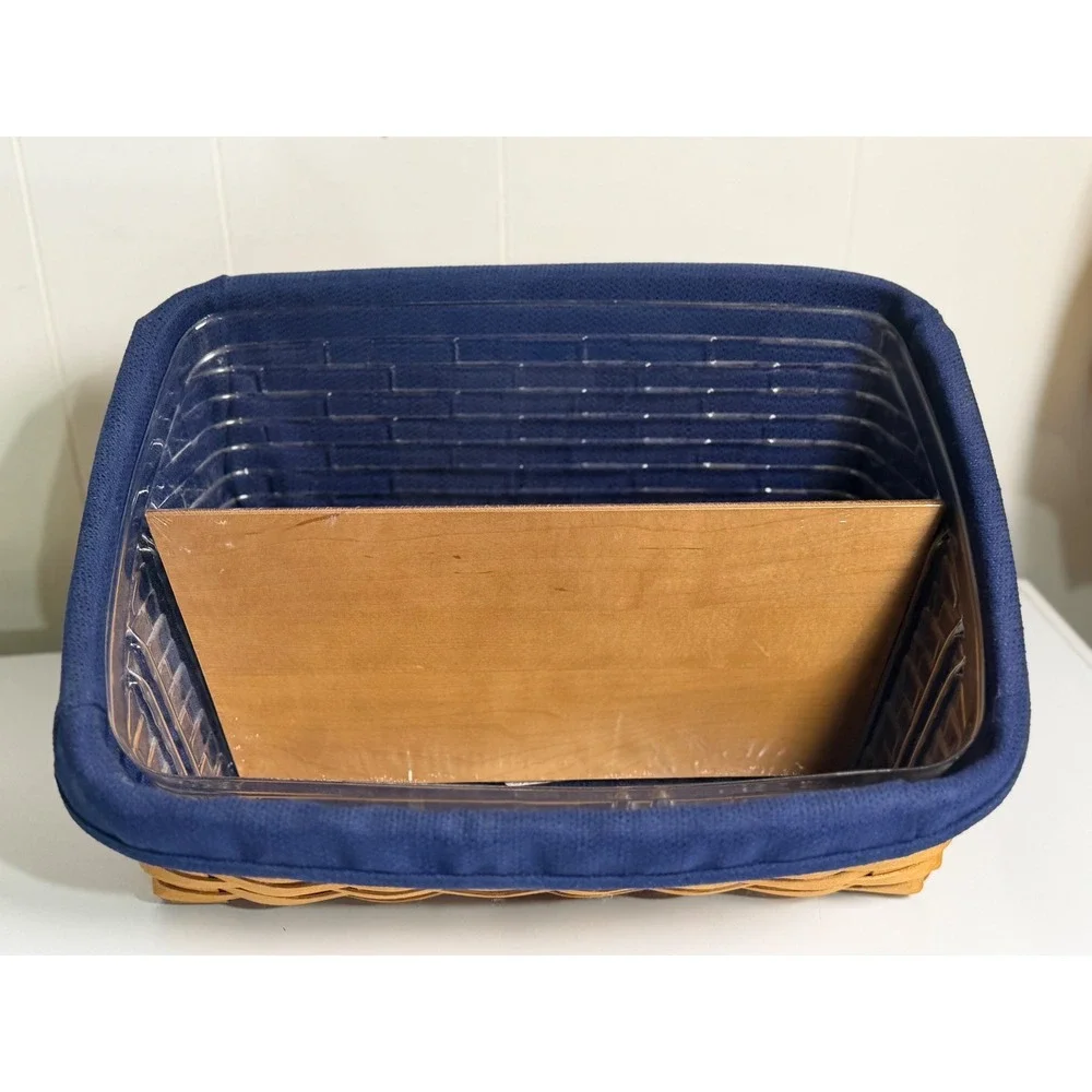 Longaberger Desk Top Organizer Woven Basket Blue Liner Plastic Protector Wood